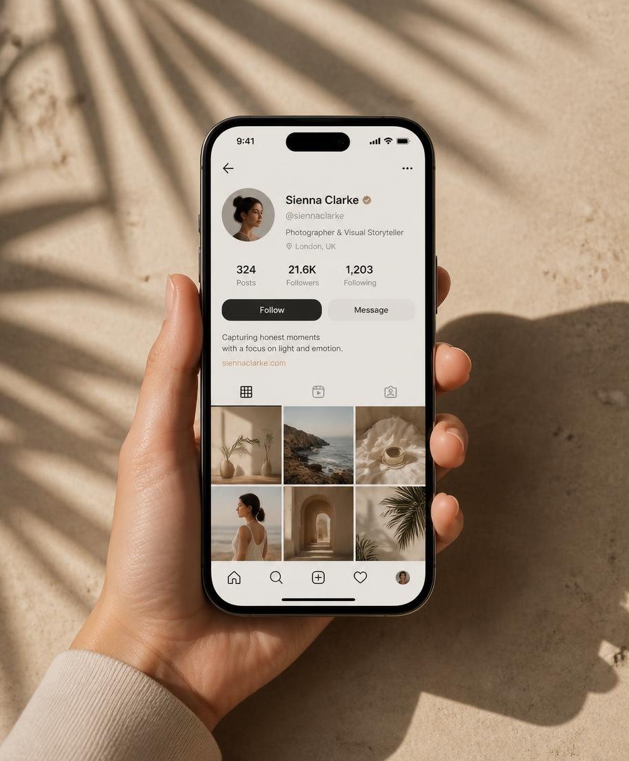 Téléphone affichant un profil de réseau social géré par BHPRO SERVICE